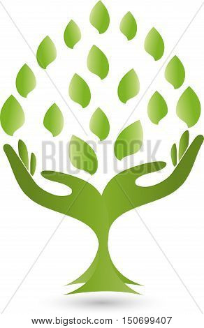 Two hands and leaves in green, medical practitioner logo