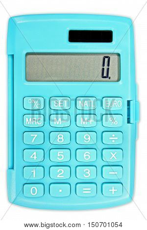 Calculator in turquoise color with solar panel isolated on white background