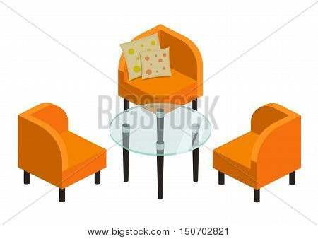 upholstered furniture on low legs and a glass coffee table, vector illustration. Chair and armchair isometric set. Interior seat furniture for business or home. vector furniture icons in bright colors