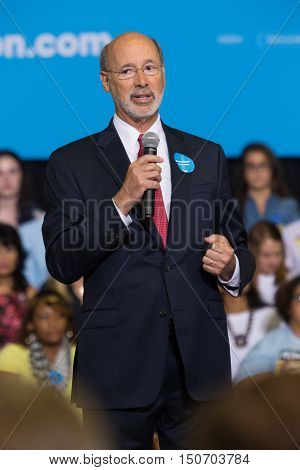 Harrisburg PA USA - October 4 2016: Pennsylvania Governor Tom Wolf speaks at a campaign rally for Presidential candidate Hillary Clinton.