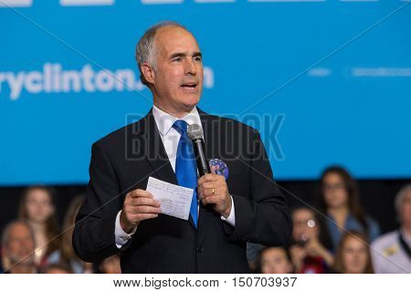 Harrisburg PA - October 4 2016: PA Senator Democrat Bob Casey speaks at a rally for Presidential candidate Hillary Clinton in Harrisburg.