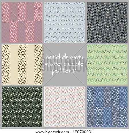 Hand-drawn Wave Doodle Seamless Patterns Collection. Set of Multicolor Zigzag Patterns.
