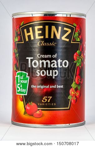 CHESTER UNITED KINGDOM - October 2nd 2016: A tin of Heinz Tomato Soup. Heinz Company sell their food products in over 200 countries worldwide.