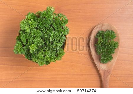 Parsley into a bowl over a wooden table