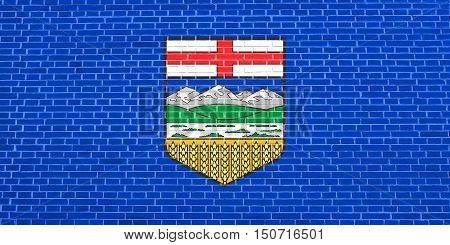 Albertan provincial official flag, symbol. Canada banner and background. Canadian AB patriotic element. Flag of the Canadian province of Alberta on brick wall texture background, 3d illustration