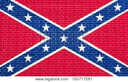 National flag of the Confederate States of America. Known as Confederate Battle Rebel Southern Cross Dixie flag. Patriotic symbol banner. Historical flag of CSA on brick wall texture background, 3d illustration
