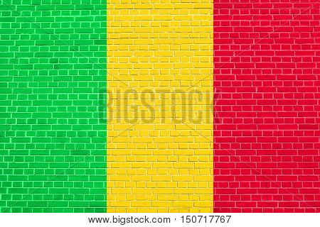 Malian national official flag. African patriotic symbol banner element background. Flag of Mali on brick wall texture background, 3d illustration
