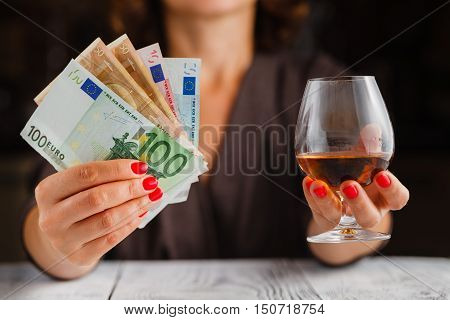 Alcoholism Issue. Female Take Wine Glass On Dark Toned Table