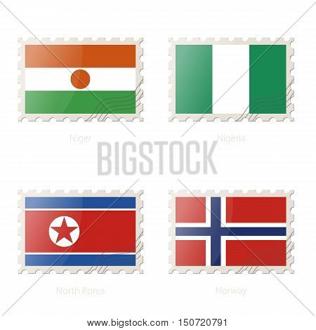 Postage Stamp With The Image Of Niger, Nigeria, North Korea, Norway Flag.