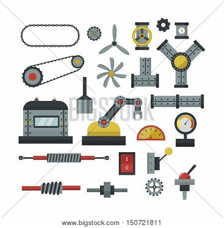 Parts of machinery flat icons set manufacturing work detail design. Gear mechanical equipment part industry technical engine. Vector technology icon set industry engineering technical factory tool.