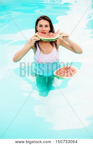 Sexy Woman With Watermelon In Pool