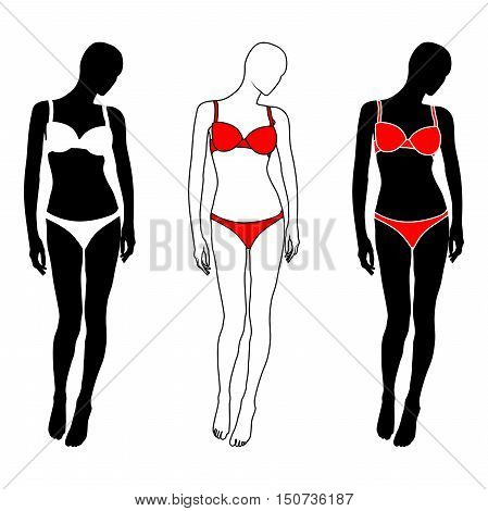 Isolated woman silhouette in white and red lingerie on white background. Vector illustration Eps10 file.