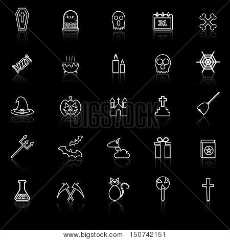 Halloween line icons with reflect on black background, stock vector