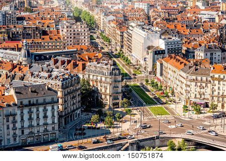 Grenoble, France - June 21, 2016: Morning cityscape top view on the main Jean Jaures avenue in Grenoble city on the south-east of France