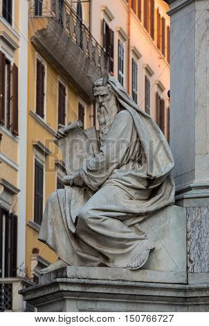 ROME ITALY -JUNE 15 2015: Rome - Biblical Statues at Base of Colonna dell'Imacolata
