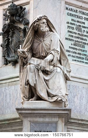 ROME ITALY -JUNE 15 2015: Rome - Biblical Statues at Base of Colonna dell'Imacolata