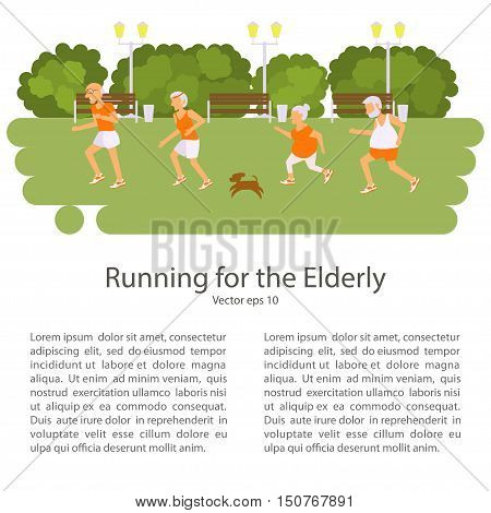 Elderly people doing exercises. Healthy lifestyle, active lifestyle retiree. Sport for grandparents, elder Race for Seniors. Place for your text. Vector illustration eps10