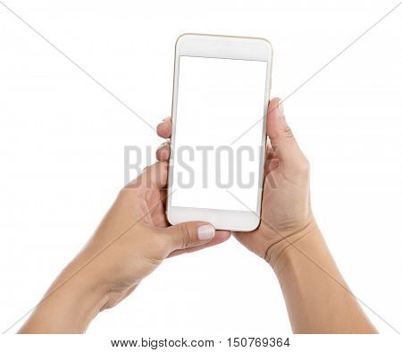 Taking photo with mobile smart phone isolated on white background with clipping path for the screen. 