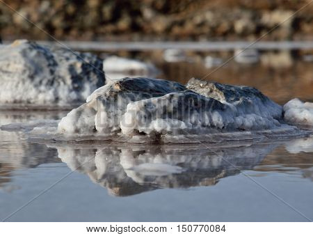 Stones with crystallized salt in coastal lagoon