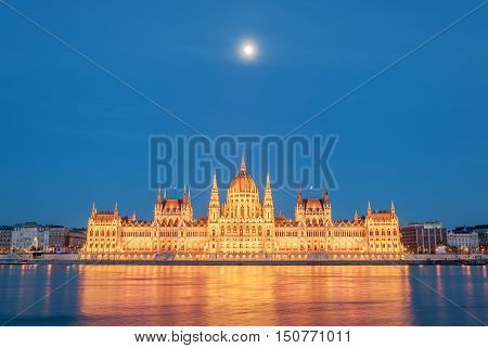 Evening view of the Hungarian Parliament Building on the bank of the Danube in Budapest Hungary.