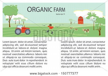 Organic, Clean Foods, Good Health design concept. Cow Farm illustration with flat icons. Dairy cattle farming. Vector eps10