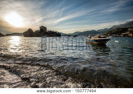 Summer sunset in Przno bay in Montenegro