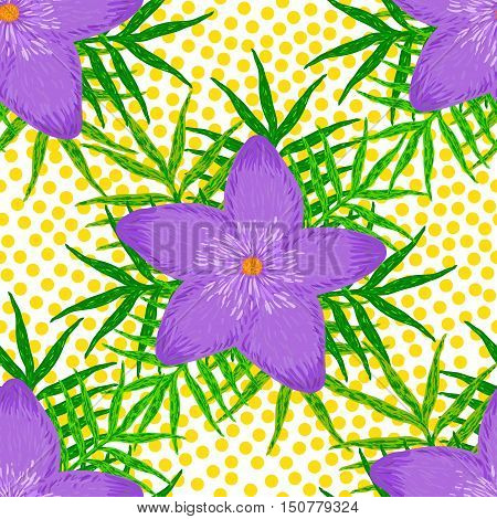 Vector seamless pattern from green leaves and purple flowers on the white background with yellow circles