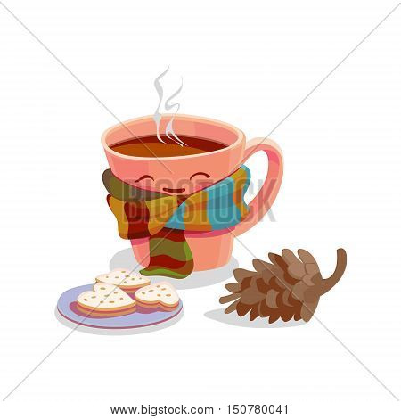 Cute mug and jar with coffe, cacoa, tea, latte. Best for winter advertising, print design, postcard. Winter cute and cozy drinks concept.
