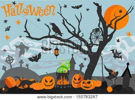 Happy Halloween Illustrations: pumpkin, ghost, star, spider, bat, moon, cemetery, cross, crow, hat, broom, cauldron, wood, cat.