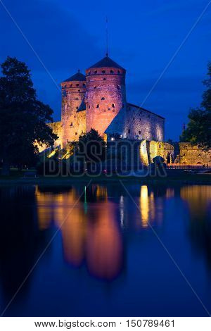 August night at the medieval Olavinlinna fortress. Savonlinna, Finland