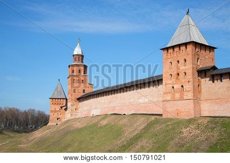 View of the old towers of the Kremlin in Veliky Novgorod, sunny april day. Russia