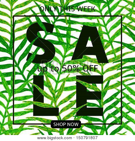 Sale - black text on the seamless pattern fron green leaves. Template for tag card poster banner