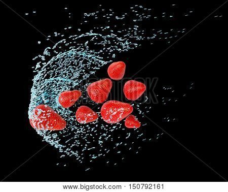Strawberry in water splash isolated on white background. Fresh flying strawberries. 3D illustration