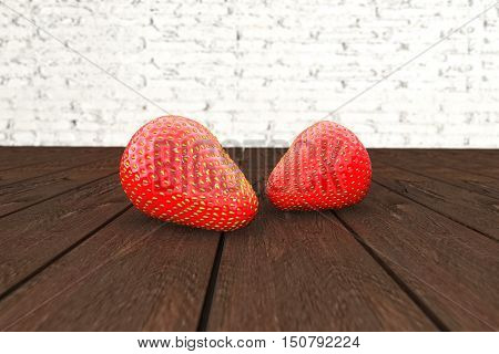 Fresh strawberry lying on wooden table. 3D illustration