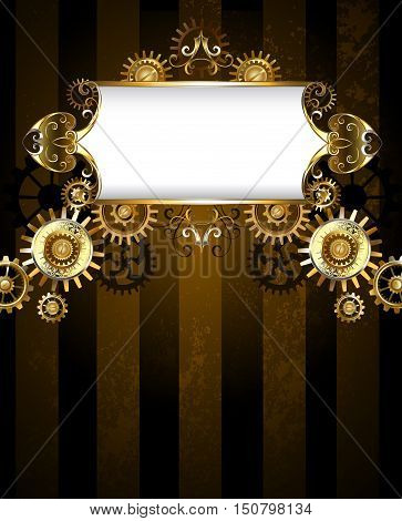 Vintage banner with a gold pattern on a dark striped background with gold and bronze gears. Steampunk background. Gold gear. Steampunk style.