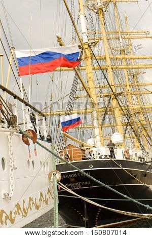 VARNA BULGARIA - OCTOBER 4 2016: Black Sea Tall Ships Regatta sailing ships from different countries on international regatta ship "Kruzenshtern" from Russia.