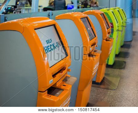 Moscow, Russia - November 07, 2015: Row self-check terminal at Domodedovo airport.