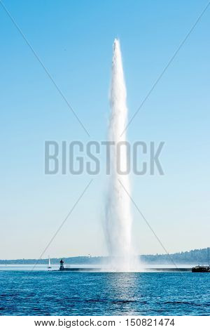 Famous fountain jet dEau in Geneva lake near Geneva city in Switzerland