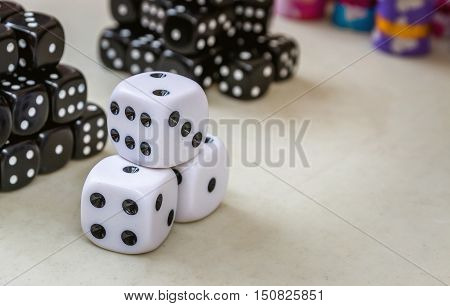 Dice in a toy store.A device for playing games.