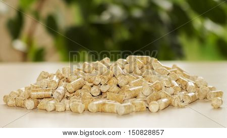 Biofuels. Alternative biofuel from sawdust for burning in boilers. Wood pellets on the background of greenery. Biofuels. The cat litter.