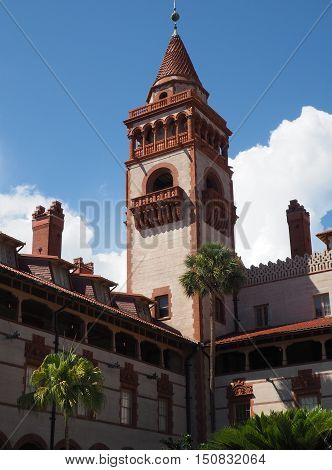 A tower at Flagler College in St. Augustine Florida. The college is the site of the former Ponce De Leon hotel. It is Spanish Renaissance style.