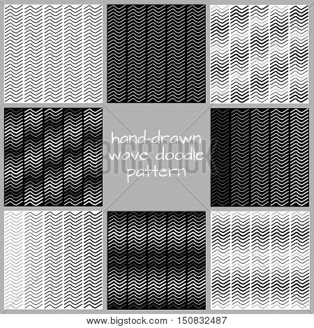 Hand-drawn Wave Doodle Seamless Patterns Collection. Set of Monochrome Zigzag Vector.