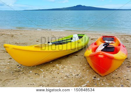 Two Kayaks Against Rangitoto Island - New Zealand