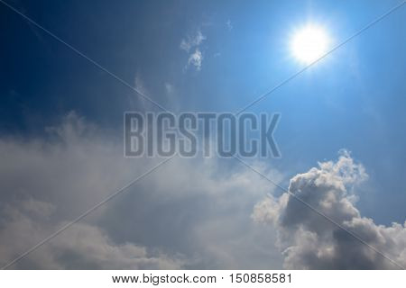 Dramatic beautiful blue sky with clouds and the sun rays.