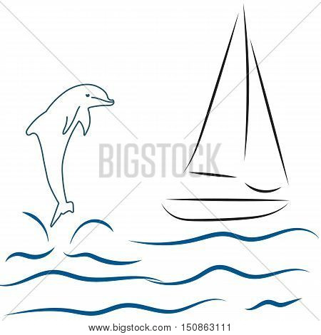sail boat sea and dolphin, flat vector