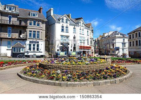 SEATON, UNITED KINGDOM - JULY 18, 2016 - Pretty flowerbeds on a traffic island with town centre buildings and shops to the rear Seaton Devon England UK Western Europe, July 18, 2016.