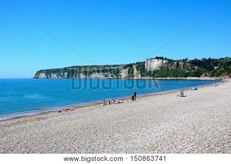 SEATON, UNITED KINGDOM - JULY 18, 2016 - View of the pebble beach and coastline Seaton Devon England UK Western Europe, July 18, 2016.