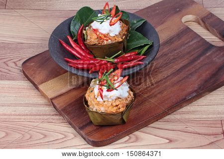 Streamed vegetable curry in banana leaf cup call 