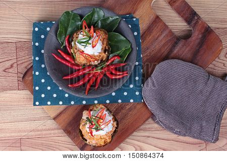 Streamed vegetable curry in banana leaf cup call 