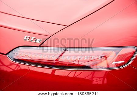 Kiev, Ukraine - OCTOBER 4, 2016: Mercedes Benz star experience. The interesting series of test drives. The logo GTs and the tail light closeup.